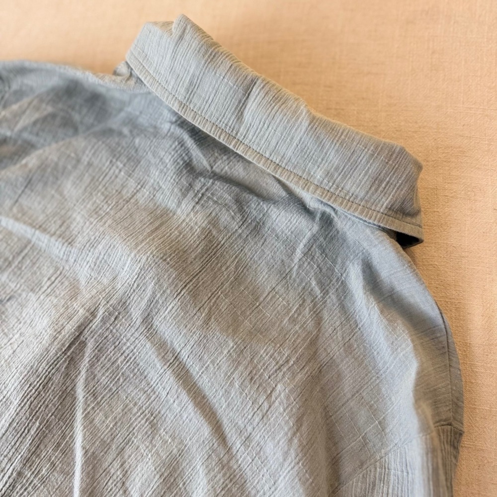 Easel Womens Small Blue Grey Crinkle Gauze Cotton Button Down Tie Sleeve Shirt - Picture 9 of 10